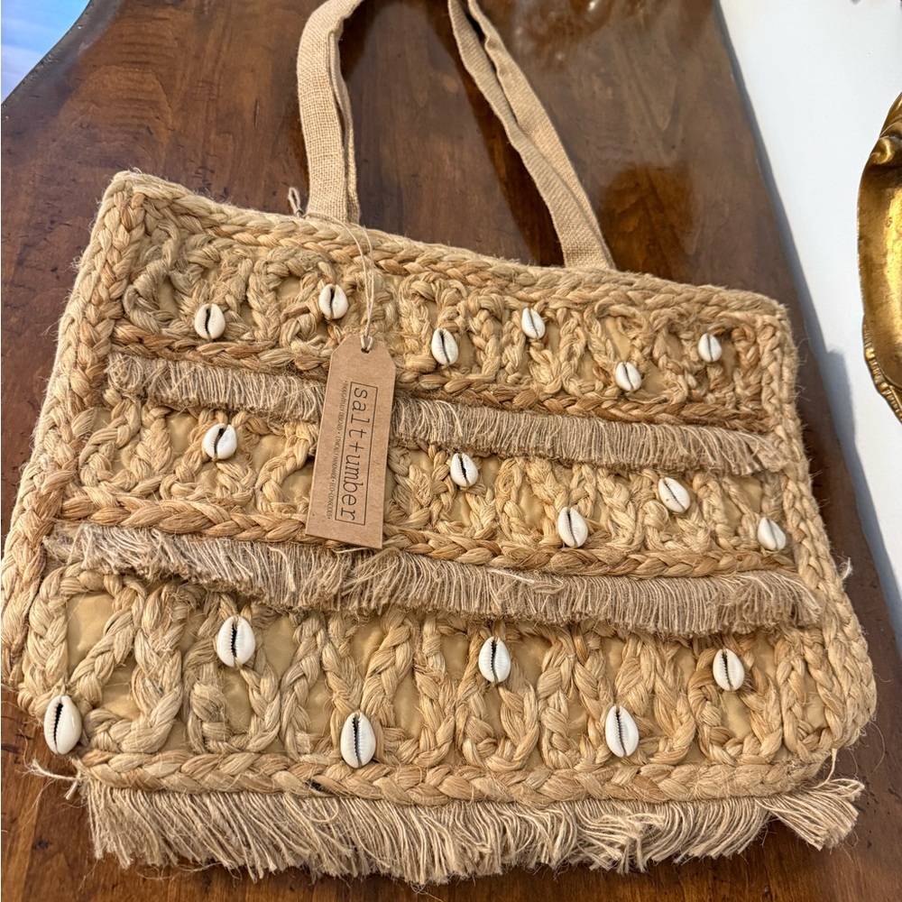 Salt + Umber Woven Straw Tote with Shell Accents new